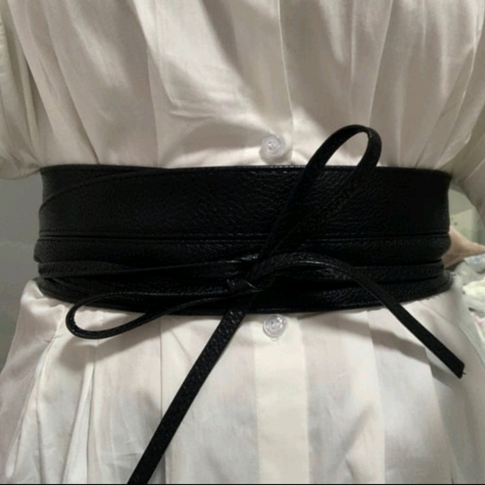 Plus Size Black vegan leather tie waist Obi belt - Picture 4 of 12